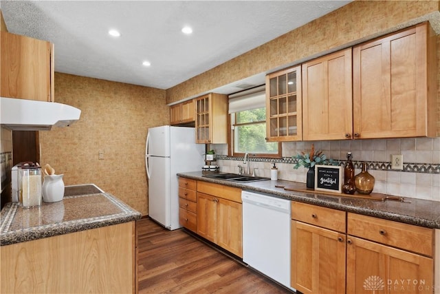 560 Roselake Dr, Centerville, OH 45458 - kitchen with white appliances, a sink, dark wood-style floors, under cabinet range hood, and recessed lighting