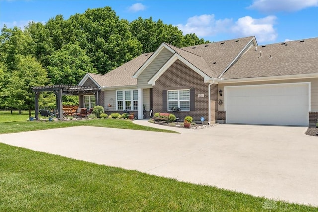 1215 Bourdeaux Way, Clearcreek Twp, OH 45458 - single story home with a pergola, brick siding, driveway, a front yard, and a garage