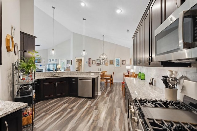 1215 Bourdeaux Way, Clearcreek Twp, OH 45458 - kitchen featuring appliances with stainless steel finishes, wood finished floors, a sink, light stone counters, and high vaulted ceiling