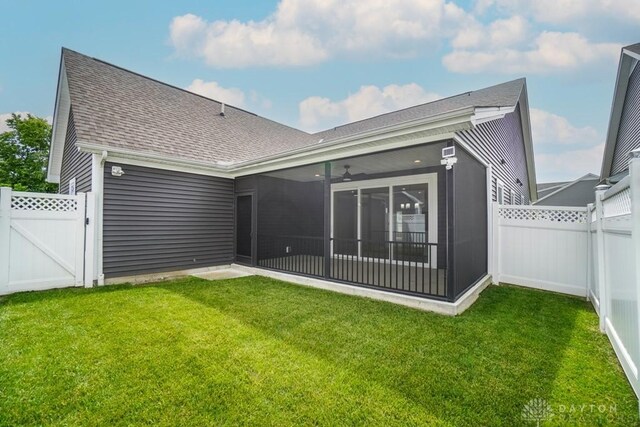 5053 Maiden Way, Liberty Twp, OH 45011 - rear view of property with a shingled roof, a gate, a sunroom, and ceiling fan