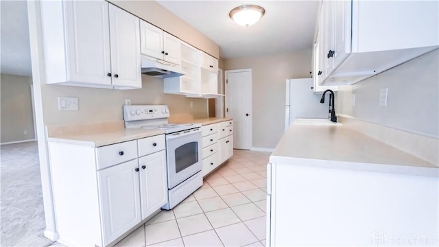 1918 Washington Dr S, Washington Twp, OH 45458 - kitchen with white electric stove, under cabinet range hood, a sink, white cabinetry, and light countertops