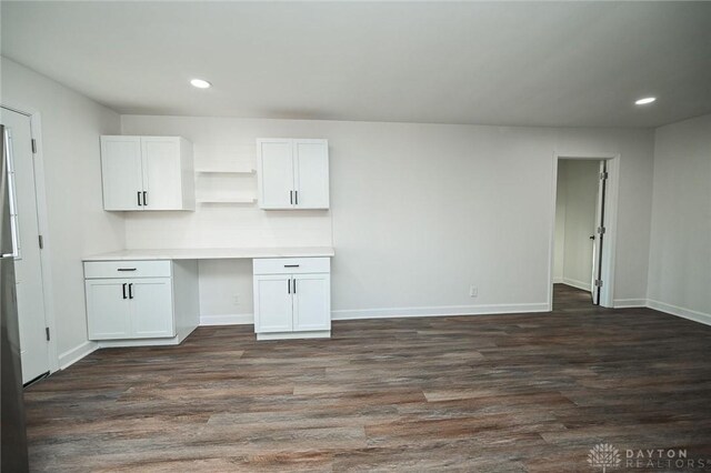 4612 Ward St, Cincinnati, OH 45227 - kitchen featuring open shelves, white cabinets, dark wood-style flooring, recessed lighting, and baseboards