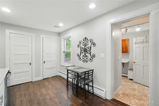 27 Spirea Dr, Oakwood, OH 45419 - dining space with a baseboard radiator, baseboard heating, recessed lighting, dark wood finished floors, and baseboards