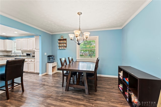 340 Marsha Jeanne Way, Dayton, OH 45458 - dining area with a chandelier, dark wood-style flooring, baseboards, ornamental molding, and recessed lighting