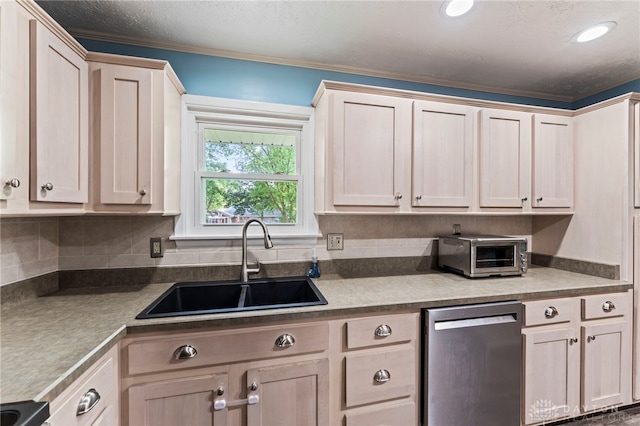 340 Marsha Jeanne Way, Dayton, OH 45458 - kitchen with stainless steel dishwasher, a sink, stove, backsplash, and crown molding