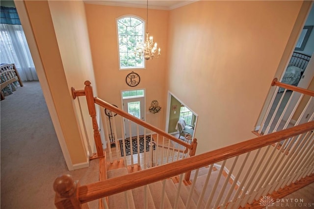 4560 James Madison Trl, Kettering, OH 45440 - stairs featuring carpet floors, a chandelier, crown molding, and baseboards