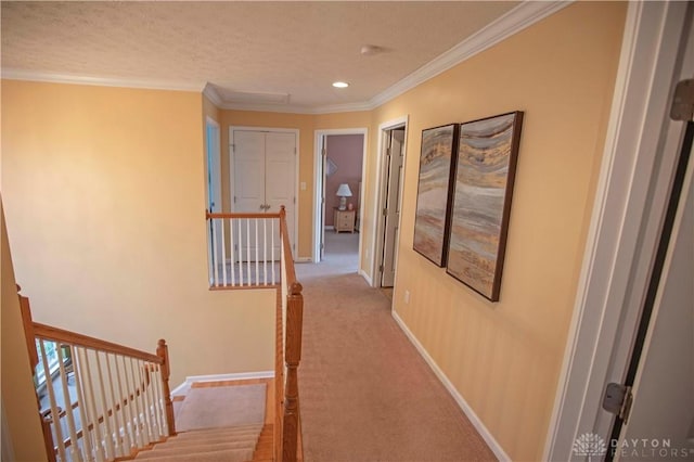 4560 James Madison Trl, Kettering, OH 45440 - hall featuring an upstairs landing, baseboards, ornamental molding, carpet, and recessed lighting