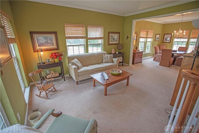 4560 James Madison Trl, Kettering, OH 45440 - living room with a chandelier, carpet flooring, healthy amount of natural light, and crown molding
