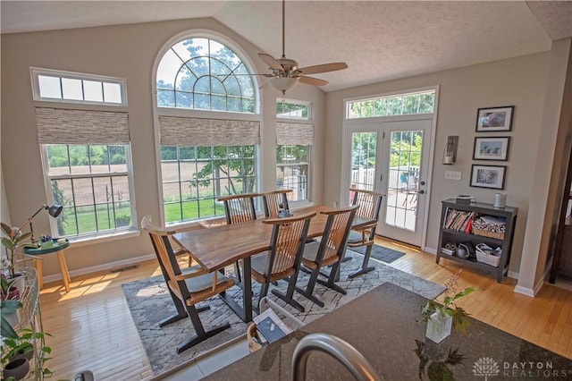 4560 James Madison Trl, Kettering, OH 45440 - dining room featuring plenty of natural light, light wood-type flooring, a ceiling fan, baseboards, and lofted ceiling