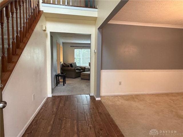 1529 Creekside Rd, Amelia, OH 45102 - hall featuring dark wood-style floors, stairway, dark carpet, ornamental molding, and a textured ceiling