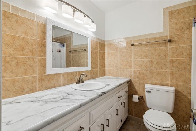2706 Coldsprings Dr, Beavercreek, OH 45434 - bathroom with tile walls, vanity, a shower with curtain, and tile patterned floors
