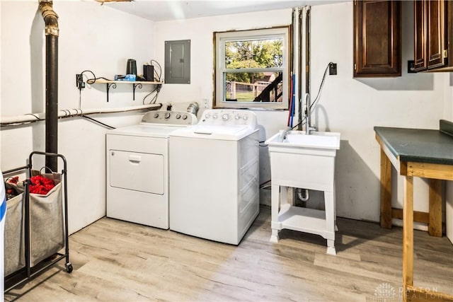 2706 Coldsprings Dr, Beavercreek, OH 45434 - washroom with cabinet space, washer and clothes dryer, electric panel, and light wood-type flooring