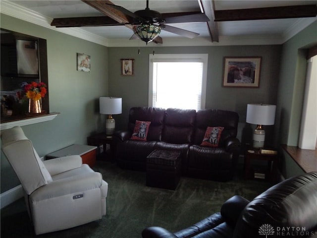 4502 Central Ave, Middletown, OH 45044 - living room featuring beamed ceiling, carpet flooring, ceiling fan, and coffered ceiling