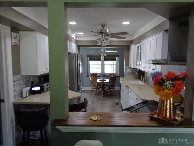 4502 Central Ave, Middletown, OH 45044 - kitchen featuring freestanding refrigerator, ceiling fan, wall chimney range hood, ornamental molding, and a sink