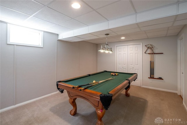 1199 Whitetail Dr, Fairborn, OH 45324 - rec room with light carpet, pool table, baseboards, a drop ceiling, and recessed lighting