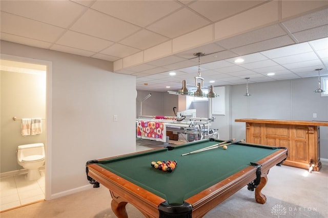 1199 Whitetail Dr, Fairborn, OH 45324 - recreation room with a bar, light colored carpet, billiards, and baseboards
