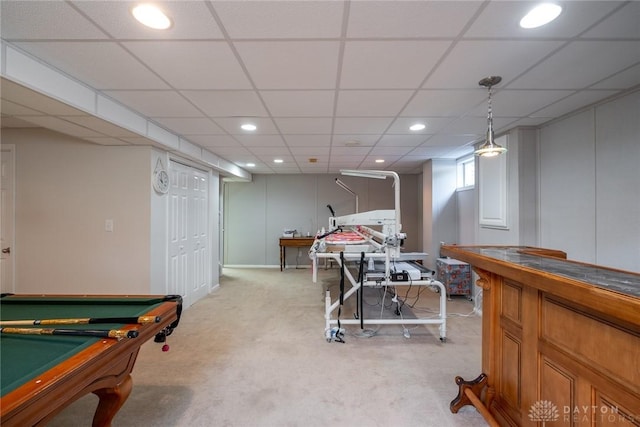 1199 Whitetail Dr, Fairborn, OH 45324 - recreation room featuring recessed lighting, light carpet, pool table, and a paneled ceiling