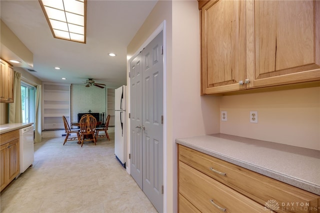 4424 Appleton Pl, Kettering, OH 45440 - kitchen featuring white appliances, light countertops, recessed lighting, light brown cabinetry, and a ceiling fan