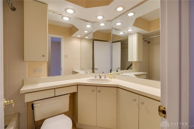4424 Appleton Pl, Kettering, OH 45440 - full bathroom with recessed lighting, vanity, a tub, and a shower