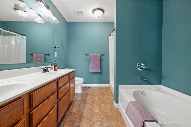 1750 Greentree Meadows Dr, Lebanon, OH 45036 - bathroom featuring toilet, a bath, double vanity, and a shower with curtain