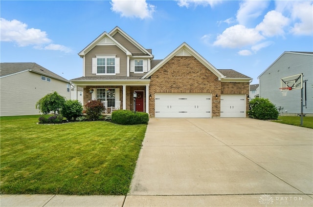 1596 Amberley Ct, Beavercreek Twp, OH 45385 - view of front facade featuring driveway, a front yard, brick siding, an attached garage, and a porch