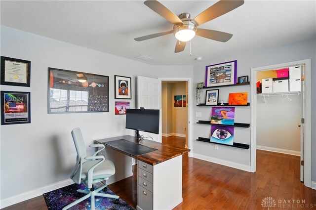 1596 Amberley Ct, Beavercreek Twp, OH 45385 - office area with dark wood-style floors, baseboards, and a ceiling fan