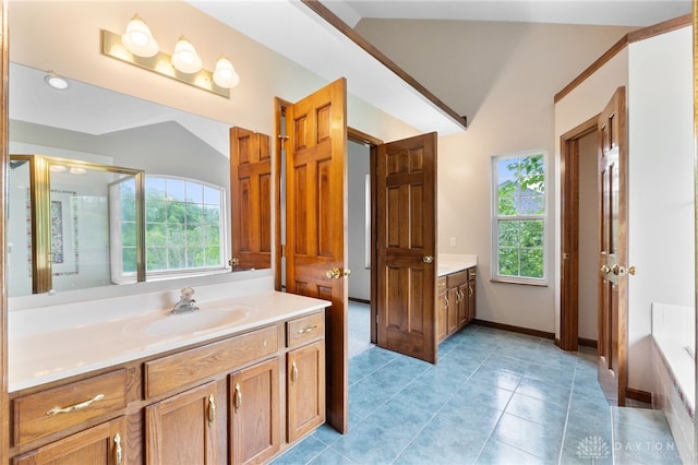 2159 Bassett Ct, Beavercreek, OH 45434 - bathroom with vaulted ceiling, vanity, a shower stall, tile patterned flooring, and baseboards