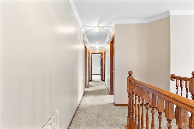 2159 Bassett Ct, Beavercreek, OH 45434 - hall featuring an upstairs landing, light carpet, ornamental molding, and baseboards