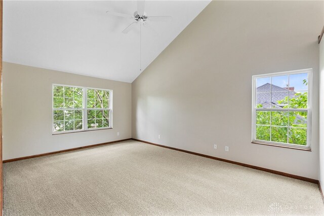 2159 Bassett Ct, Beavercreek, OH 45434 - spare room with carpet, high vaulted ceiling, a ceiling fan, and baseboards