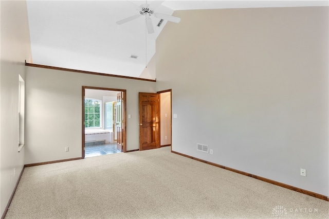 2159 Bassett Ct, Beavercreek, OH 45434 - carpeted empty room with baseboards, ceiling fan, and high vaulted ceiling
