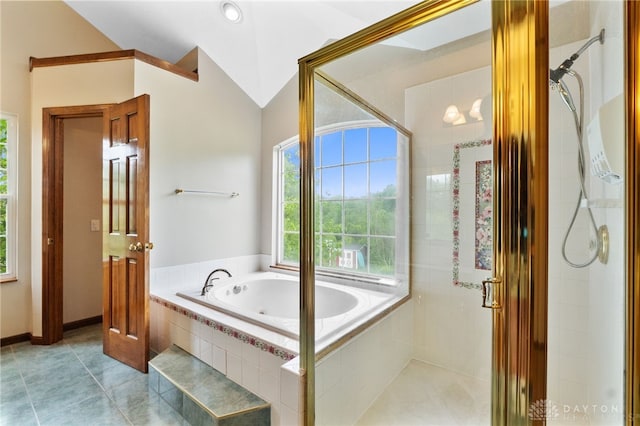 2159 Bassett Ct, Beavercreek, OH 45434 - bathroom featuring a bath, a shower stall, tile patterned floors, and lofted ceiling