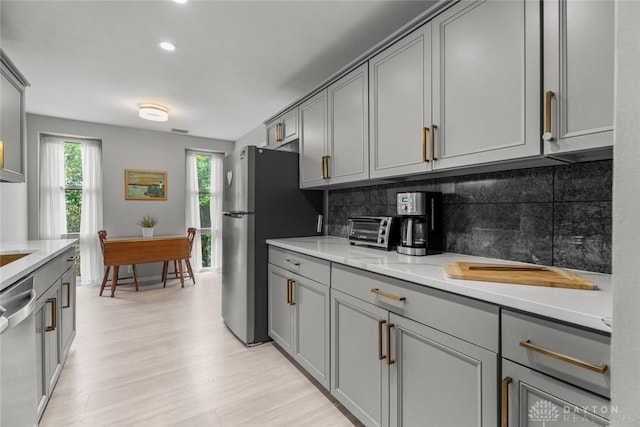 2230 S Patterson Blvd Unit 21, Dayton, OH 45409 - kitchen featuring gray cabinetry, appliances with stainless steel finishes, backsplash, light wood-style floors, and recessed lighting