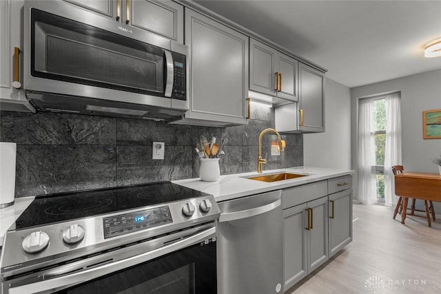 2230 S Patterson Blvd Unit 21, Dayton, OH 45409 - kitchen with appliances with stainless steel finishes, gray cabinets, a sink, light countertops, and light wood finished floors