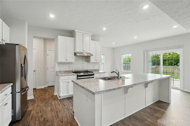344 Warm Springs Dr, Fairborn, OH 45324 - kitchen featuring appliances with stainless steel finishes, a sink, under cabinet range hood, dark wood-type flooring, and recessed lighting