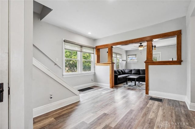 1153 Highridge Ave, Dayton, OH 45420 - entryway featuring stairs, ceiling fan, wood finished floors, and recessed lighting