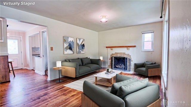 344 Triangle Ave, Oakwood, OH 45419 - living room with wood finished floors, a fireplace, and healthy amount of natural light