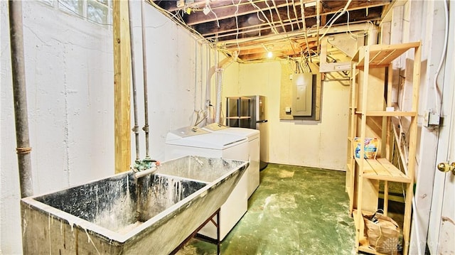 344 Triangle Ave, Oakwood, OH 45419 - unfinished basement featuring washing machine and dryer and electric panel