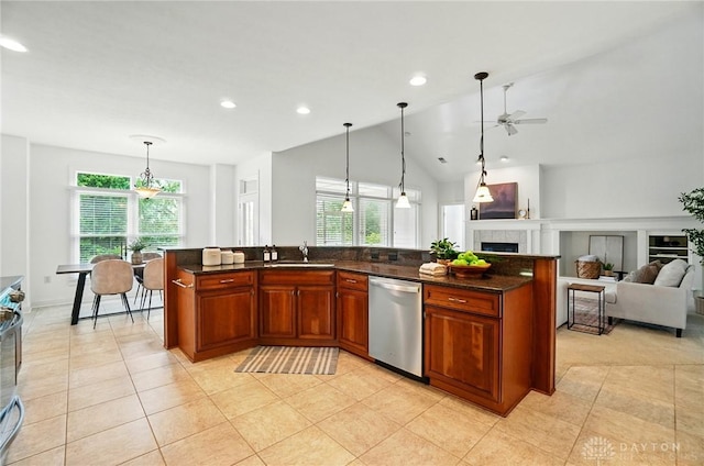 160 Harbour Dr, Springboro, OH 45066 - kitchen with stainless steel dishwasher, a sink, open floor plan, a ceiling fan, and light tile patterned floors