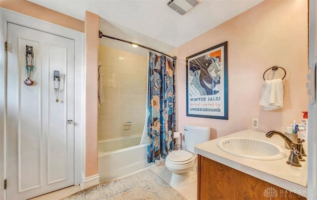 435 Marcia Ave, Hamilton, OH 45013 - bathroom with toilet, shower / bathtub combination with curtain, tile patterned flooring, and vanity