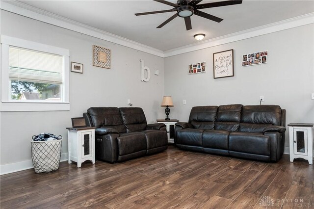 559 Stover Rd, West Alexandria, OH 45381 - living area featuring ceiling fan, ornamental molding, wood finished floors, and baseboards