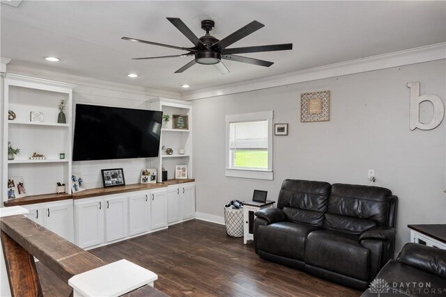 559 Stover Rd, West Alexandria, OH 45381 - living room featuring a ceiling fan, dark wood-type flooring, ornamental molding, baseboards, and recessed lighting