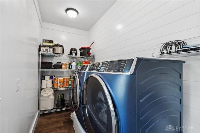 559 Stover Rd, West Alexandria, OH 45381 - laundry area with separate washer and dryer, wood finished floors, and wood walls