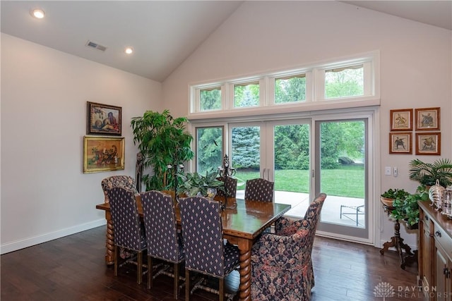 197 Harbour Dr, Springboro, OH 45066 - dining space featuring high vaulted ceiling, dark wood-type flooring, baseboards, and recessed lighting