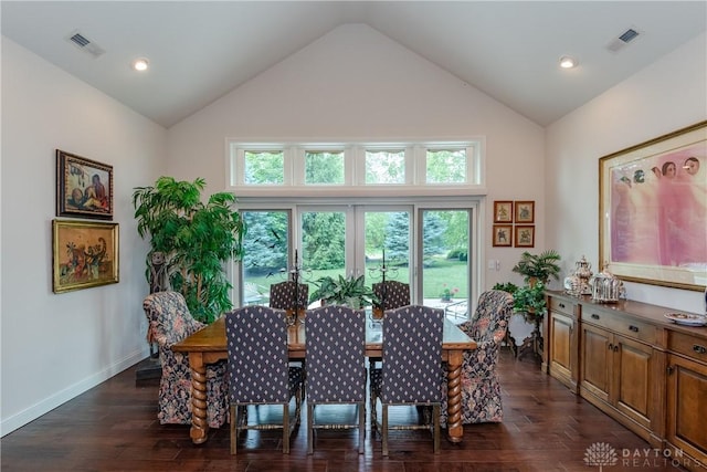 197 Harbour Dr, Springboro, OH 45066 - dining space with dark wood-style floors, high vaulted ceiling, baseboards, and recessed lighting