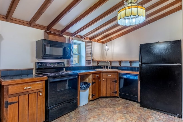 9891 Sugar St, Germantown, OH 45327 - kitchen with black appliances, tile countertops, brown cabinets, and decorative backsplash