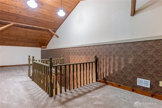 9891 Sugar St, Germantown, OH 45327 - stairs with carpet flooring, lofted ceiling, wooden ceiling, and wainscoting