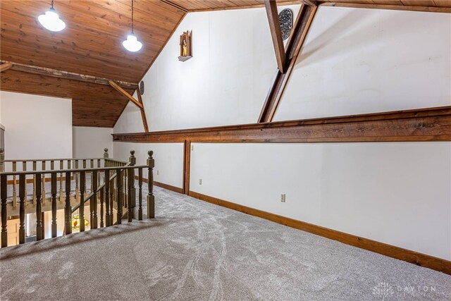 9891 Sugar St, Germantown, OH 45327 - hall featuring wood ceiling, carpet floors, vaulted ceiling, and an upstairs landing
