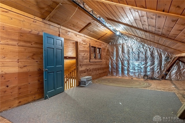 9891 Sugar St, Germantown, OH 45327 - additional living space featuring lofted ceiling, wooden ceiling, wood walls, and carpet flooring
