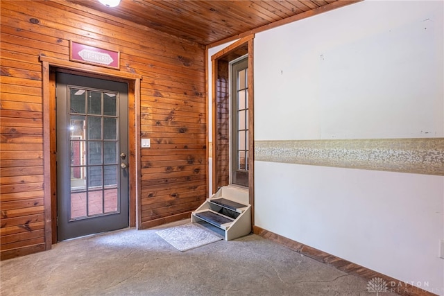 9891 Sugar St, Germantown, OH 45327 - doorway with wooden walls, carpet floors, and wooden ceiling