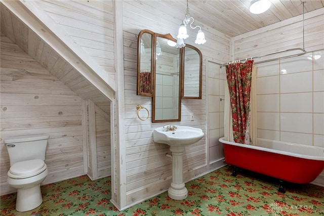9891 Sugar St, Germantown, OH 45327 - full bath featuring wood walls, wood ceiling, and shower / tub combo with curtain